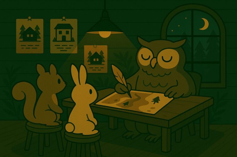 夜の森の不動産店でフクロウがリスとウサギに物件の地図を見せている。