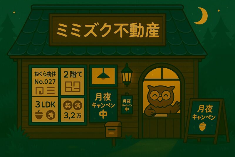 ミミズク不動産の外観。店主のフクロウが店番をしている。