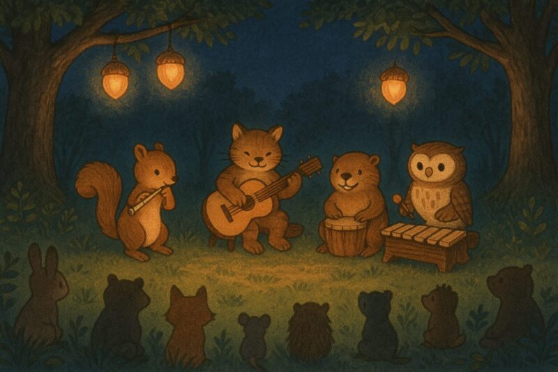 月明かりのもと、森のなかで動物たちが音楽会を開いている。フクロウ、ビーバー、ヤマネコ、リスがそれぞれ楽器を演奏し、周囲には動物たちの観客が静かに見守っている。