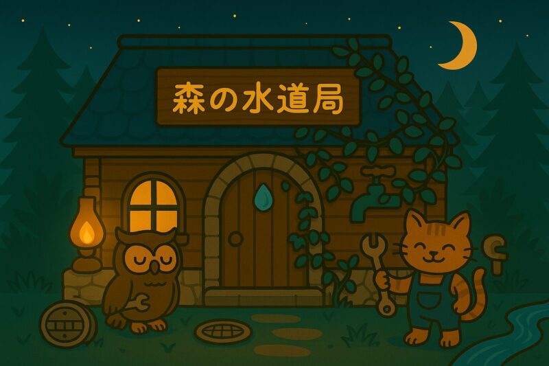 夜の森にある木造の水道局。ランプの灯る玄関前に、工具を持ったネコとフクロウの職員が立っている。