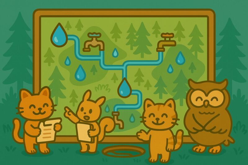 配管マップを前に、ヤマネコとリスが話し合い。