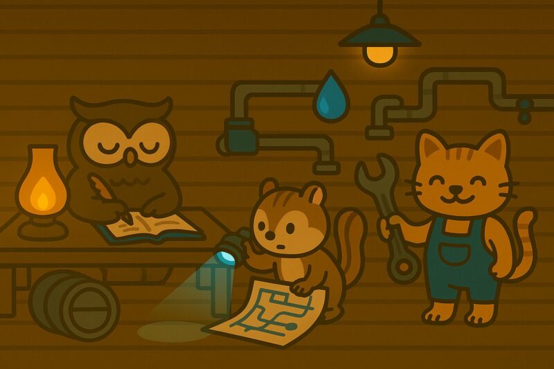 森の水道局の室内で作業するフクロウ、ヤマネコ、リス。配管図を確認したり記録を取っている様子。