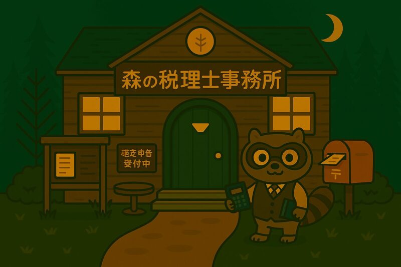 夜の森にたたずむ「森の税理士事務所」の外観。電卓を持ったアライグマの税理士が建物前に立っている。