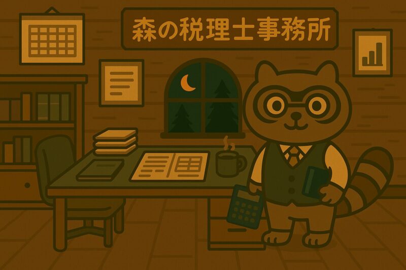 「森の税理士事務所」の室内で、アライグマの税理士が机の前に立ち、電卓と帳簿を手に持っている様子。窓の外には夜の森が広がっている。
