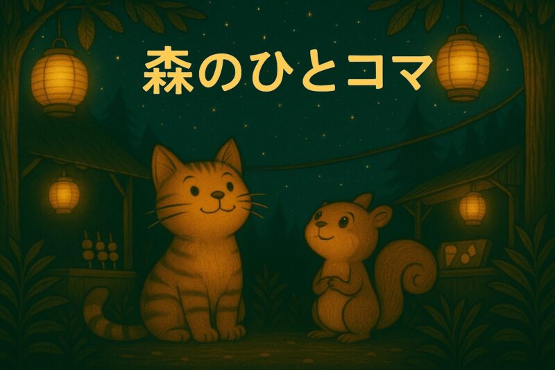 提灯の灯りの下で、星空を見上げるヤマネコとリスのイラスト