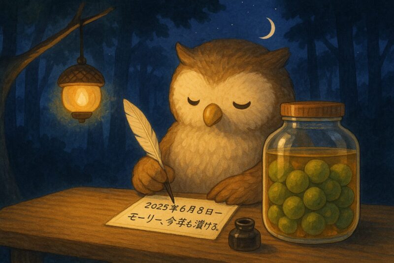 梅酒の瓶のそばで、羽ペンでラベルを書いているフクロウのモーリー。夜の森の机にランタンが灯っている。
