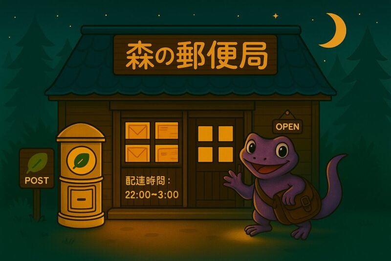 森の郵便局の外観。黄色のポストと、配達員トッケーが描かれている夜の建物。