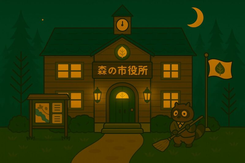 夜の森に建つ、木造の「森の市役所」の外観。掲示板やたぬきの職員、旗などが描かれている。