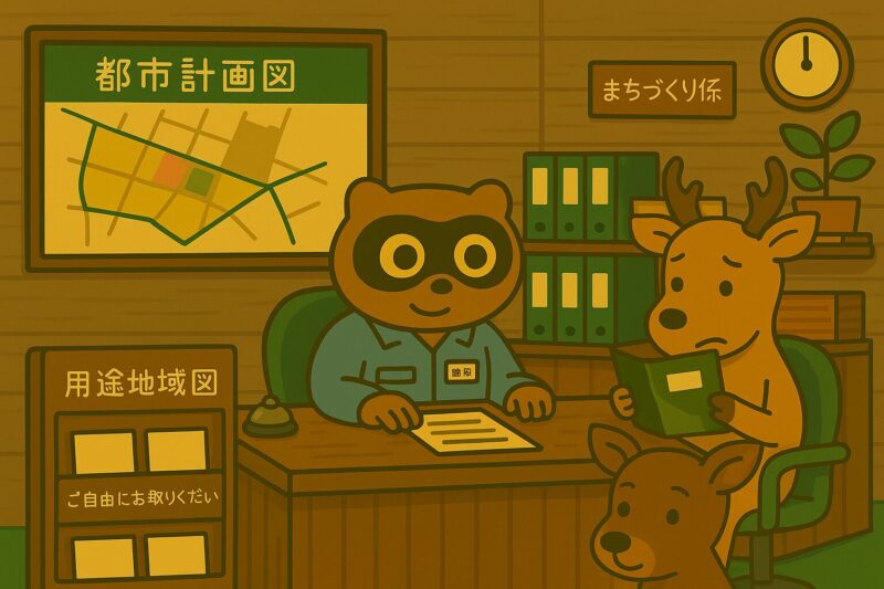 都市計画図の前で、たぬき職員が住民に土地の相談を受けている森の市役所の窓口風景。
