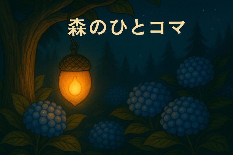 どんぐりランタンとあじさいの咲く夜の森の一角