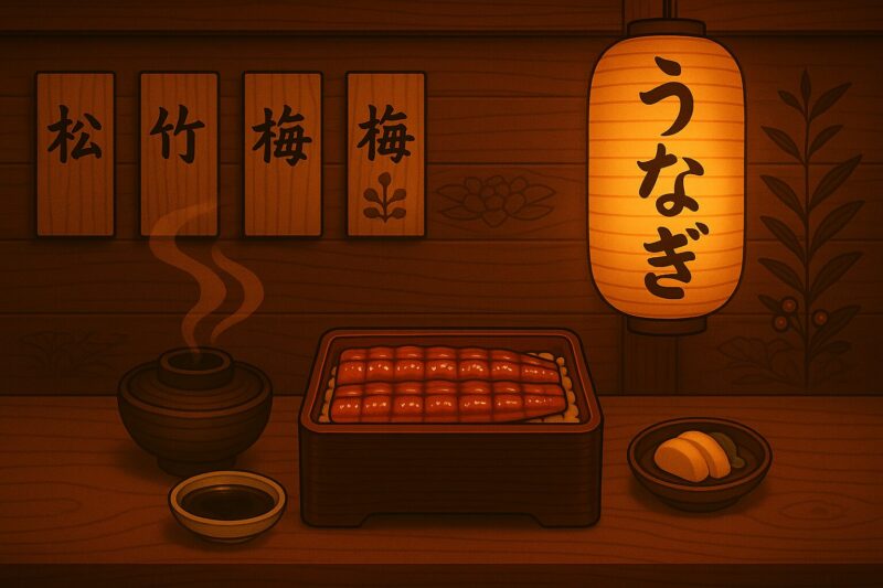うなぎ処 森のやのうな重と肝吸い、お新香のイラスト。提灯の光がやさしく料理を照らしている。
