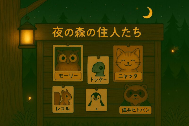 夜の森の掲示板に貼られた住人たちのカード(モーリー、ニャッタ、レコル、トッケー、偉井ヒトバン、ペンギン)