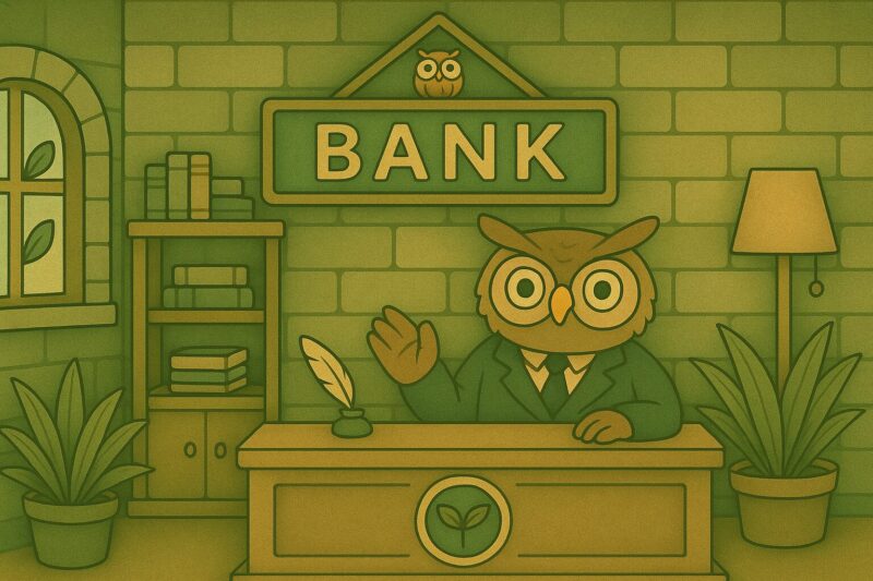 フクロウがカウンターに座る西の森銀行の店内イラスト
