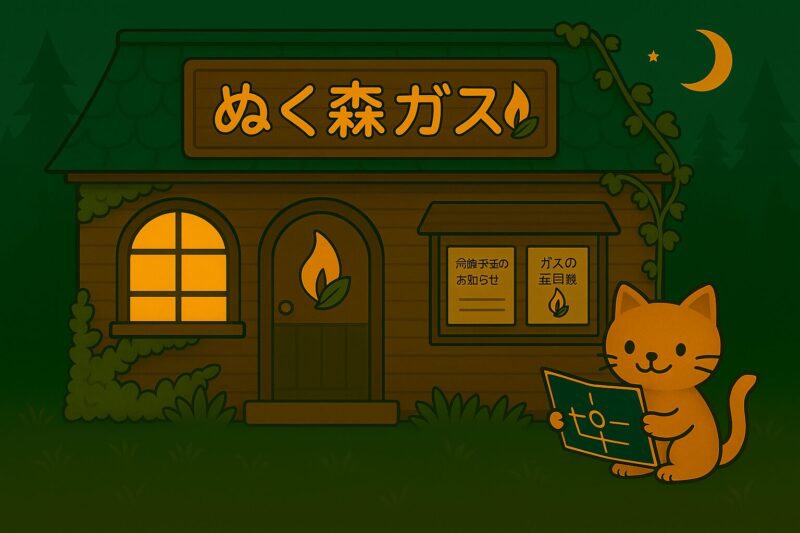 木造のぬく森ガスの建物と、配管図を持ったネコの職員。灯りのともる窓とガスの案内板がある。