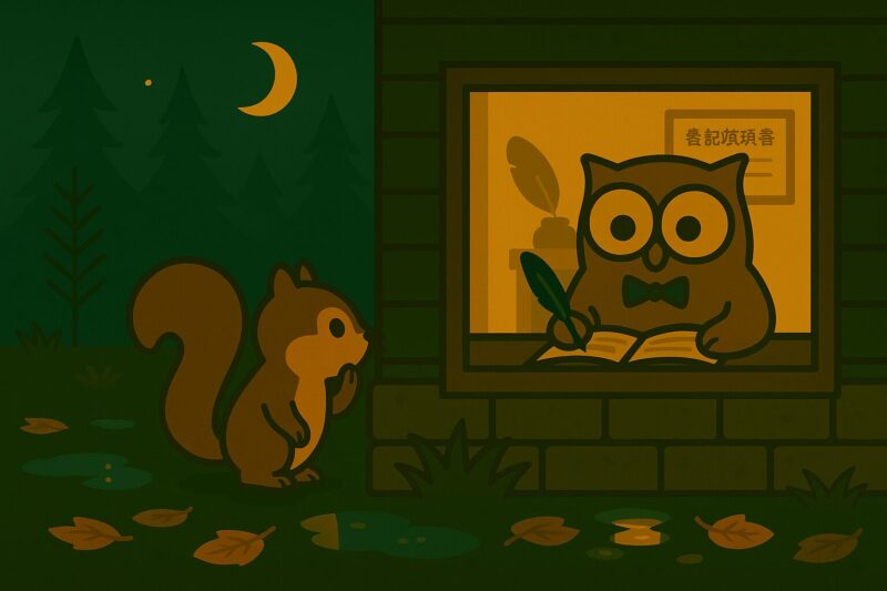 夜、リスのレコルが窓越しにフクロウ職員を見つめる様子。不動産登記の記録中。