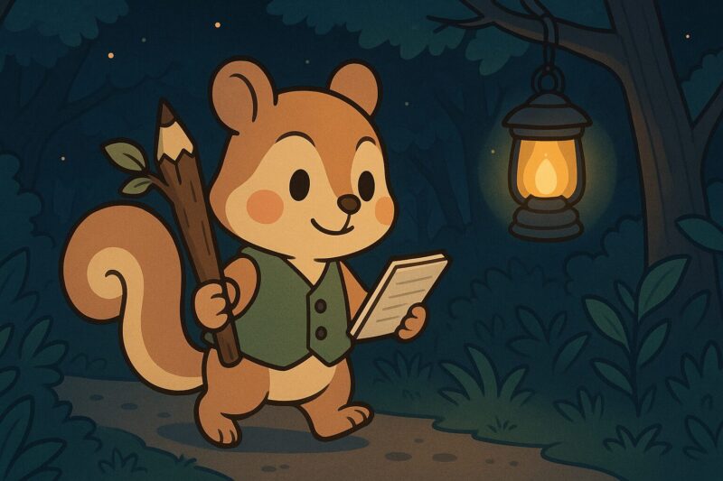夜の森の道を歩くリスのレコル。木のえんぴつとメモを手に、ランタンの灯りに照らされながら取材に向かう姿。