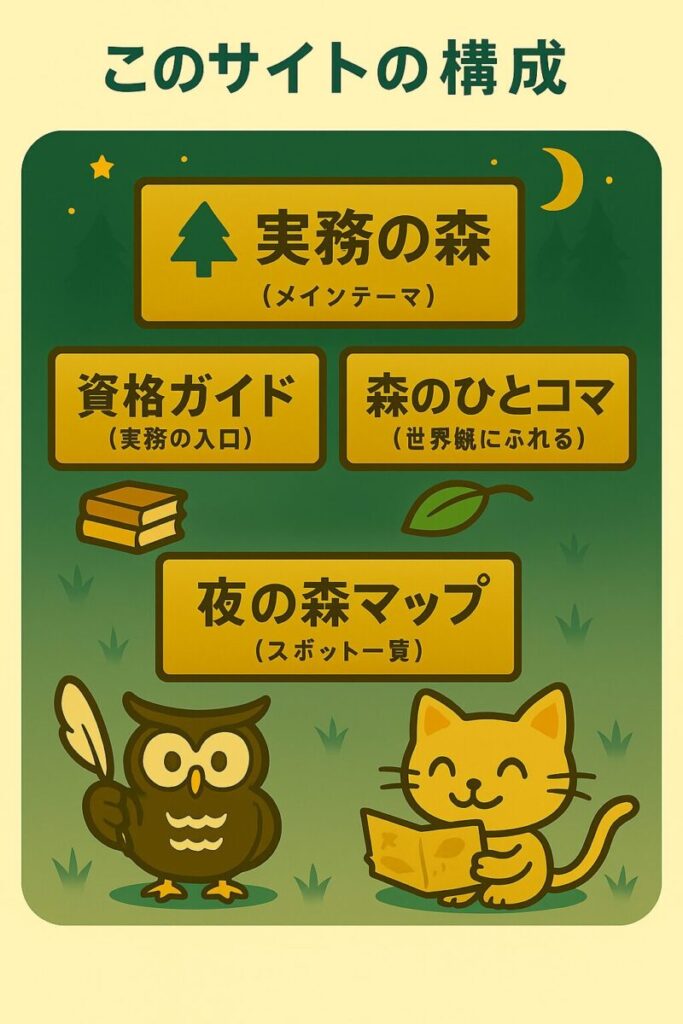 このサイトは、「実務の森」「資格ガイド」「森のひとコマ」の3カテゴリと、スポット一覧の「夜の森マップ」で構成されています。フクロウのモーリーとネコのニャッタが、あなたをやさしく案内します。