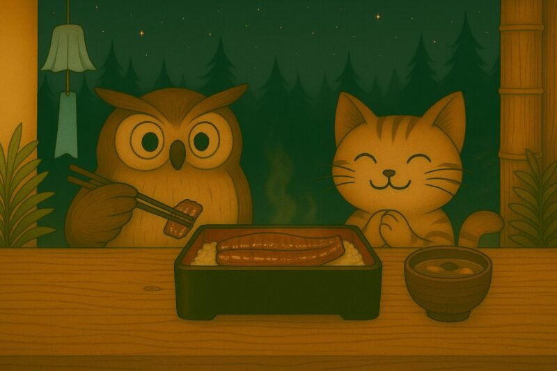 夏の夜の森で、うな重を前にフクロウとネコが食事を楽しむイラスト
