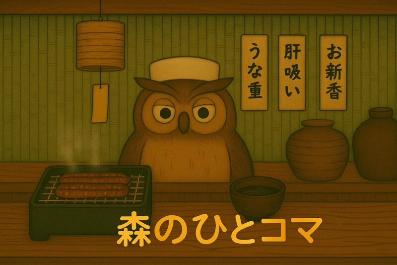 うなぎを焼くフクロウの店主と、香ばしい湯気がただよう和の店内のイラスト