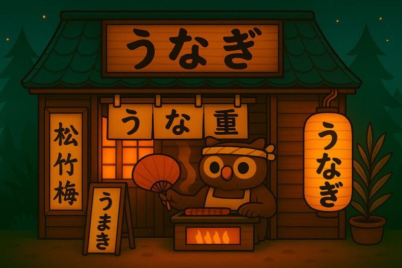 夜の森にたたずむ、うなぎ専門店「うなぎ処 森のや」の外観。フクロウの店主が炭火でうなぎを焼いている様子が描かれている。