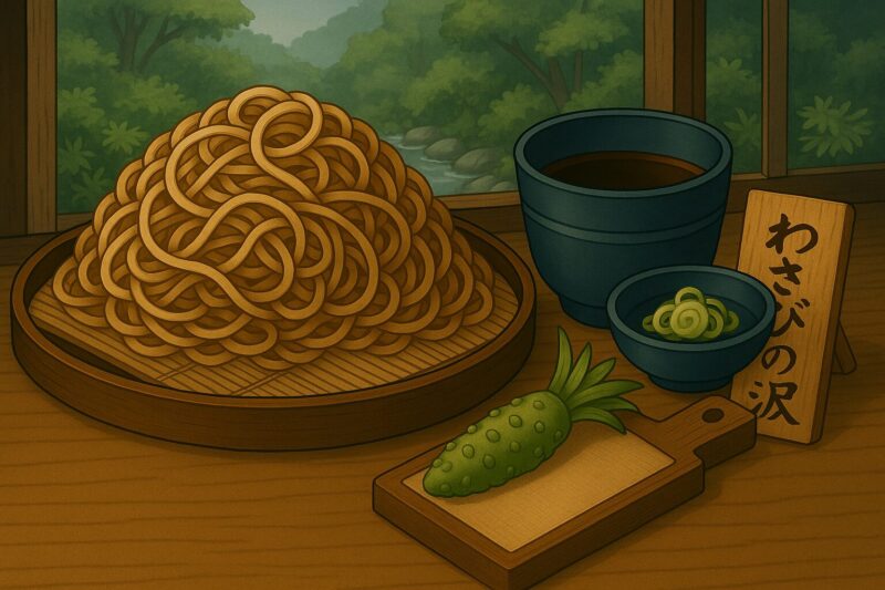 木のテーブルの上に置かれたざる蕎麦と、すりたての本わさび、そばつゆ、小鉢が並ぶ。背景には「わさびの沢」と書かれた札と、沢の景色が広がっている。