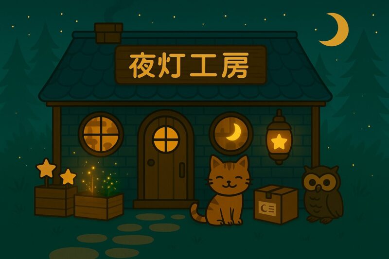 夜灯工房の外観。森の夜に灯りを届ける製灯工房で、ヤマネコとフクロウの職人が登場。どんぐり型ランタンや星のライトが並ぶ。