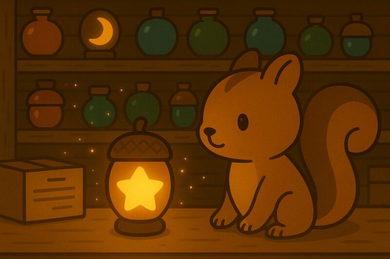 夜灯工房の棚の前で、星型ランタンを見つめるリスのレコル。周囲には瓶や道具が並び、温かな灯りがともっている。