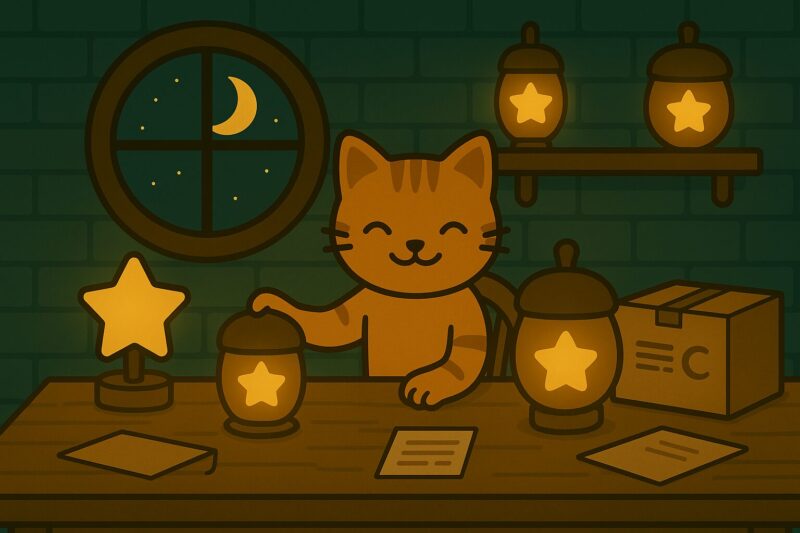 星型のランタンを並べて作業するヤマネコ職人の作業風景。夜の窓から三日月が見える夜灯工房の内部。