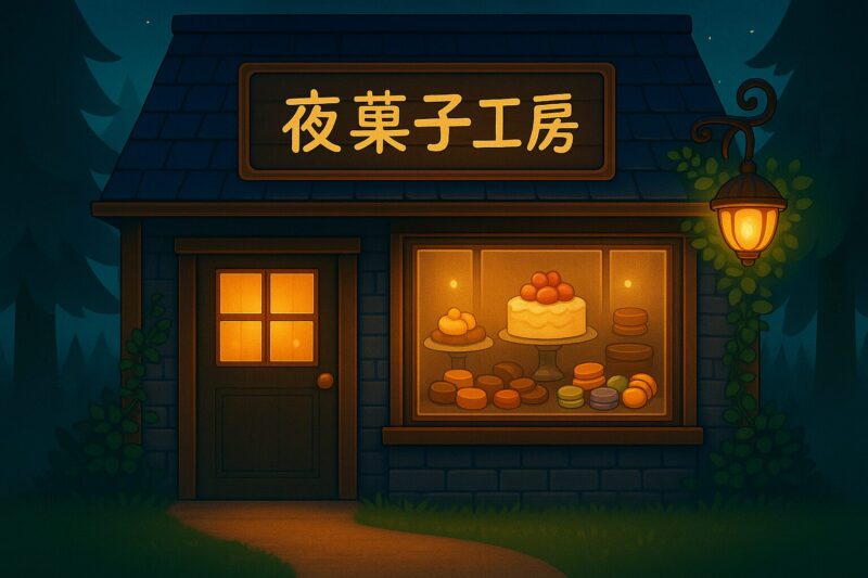 夜菓子工房の外観。ネイビーの屋根と外壁、明るく光るショーウィンドウにはホールケーキとマカロンが並んでいる