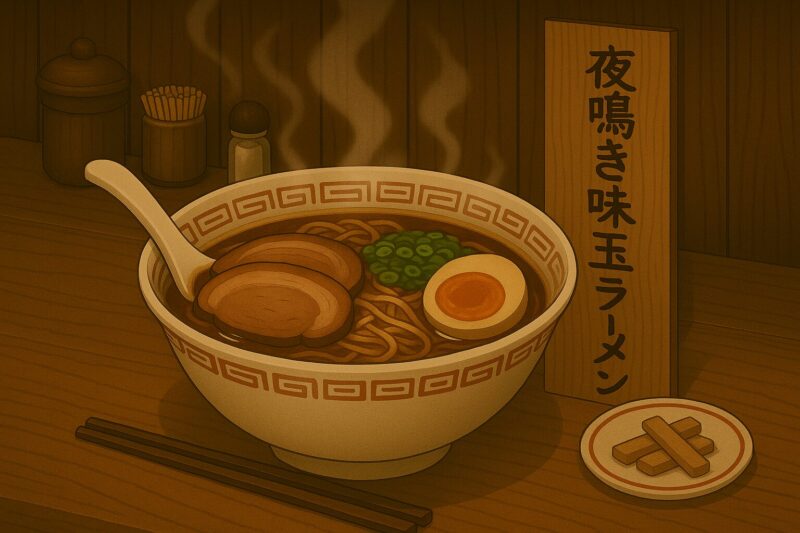 湯気が立ちのぼる、しょうゆ味の夜鳴き味玉ラーメンのイラスト。煮玉子、チャーシュー、ねぎ入り。