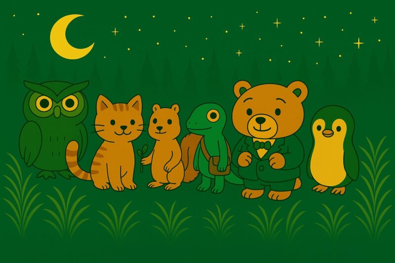 夜の森に暮らす6匹の動物たちが並んで立っている。左からフクロウ、ネコ、リス、トカゲ、タヌキ、ペンギン。背景には月と星空が見える。
