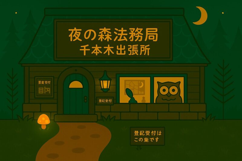 夜の森法務局千本木出張所の外観。夜の森に佇む木造の建物で、窓辺にフクロウ職員の姿が見える。