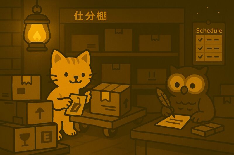段ボールを仕分けるヤマネコと、記録を取るフクロウ。夜の森の物流センターの一コマ。