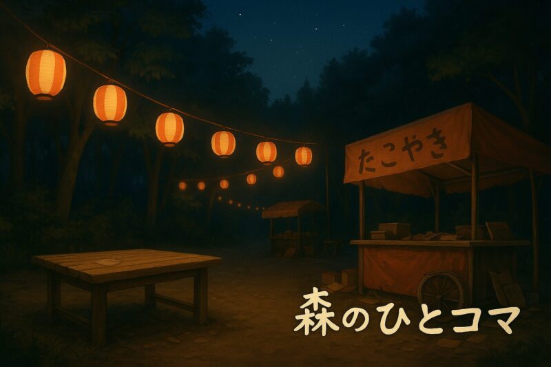 森の広場に灯る提灯と屋台、祭りの後の静かな風景
