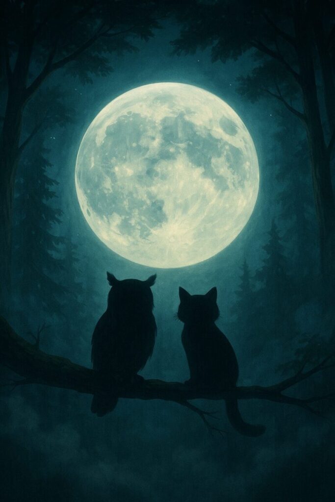 フクロウとヤマネコが満月を見上げている夜の森のイラスト