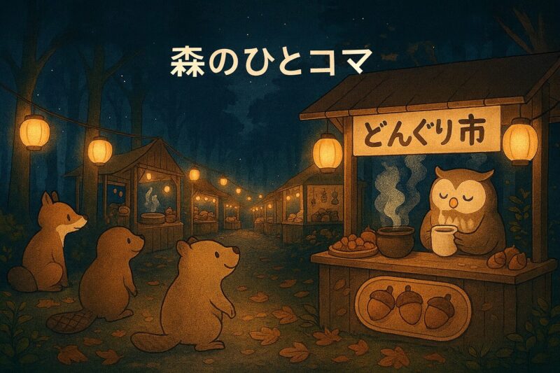 夜の森の「どんぐり市」で温かい飲み物を出すフクロウと、並ぶ動物たちの様子
