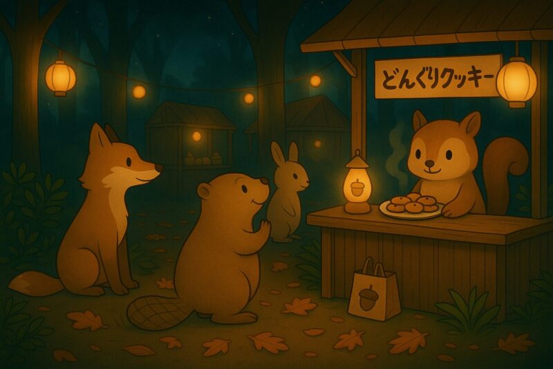 秋の夜、森の広場に並ぶ「どんぐりクッキー」の屋台。ランタンの灯りの下で、リスの店主がクッキーを並べ、キツネやビーバー、ウサギたちが順番に並んでいる。