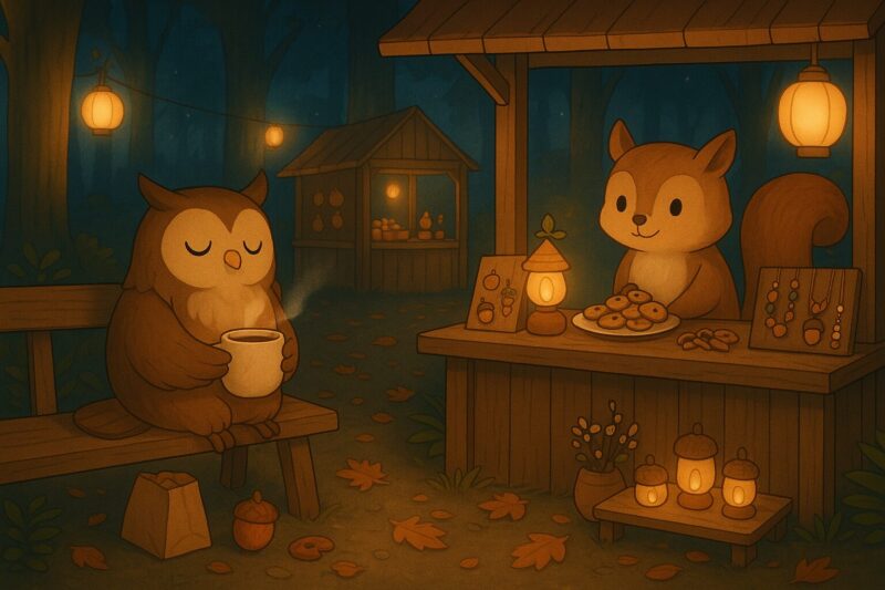 夜の森で、木のベンチに座って温かい飲み物を手にするフクロウと、ランタンの灯りに照らされながらどんぐりクッキーを並べるリス