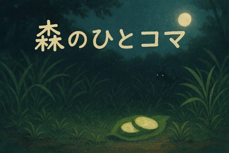 森の夜、草むらに置かれたきゅうり、遠くに光る虫の目。
