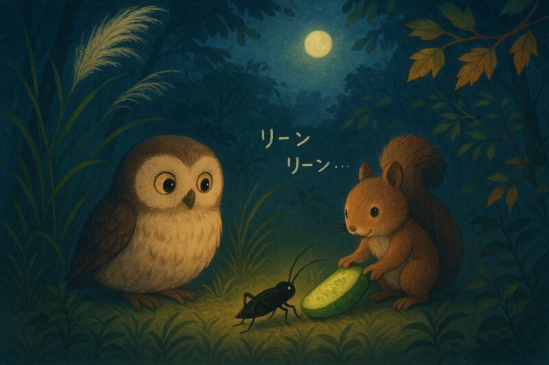 月夜の草むらで、レコルがスズムシにきゅうりをプレゼントしている。