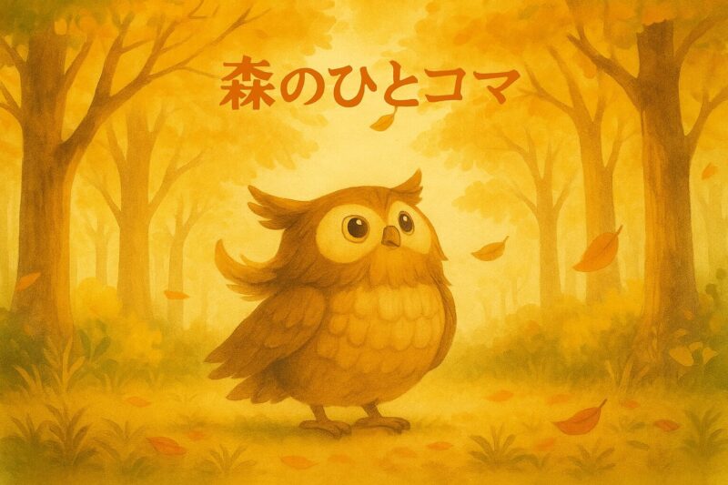 秋色の森の中で、落ち葉に囲まれて立つモーリー。黄金色の木々が背景に広がるイラスト。