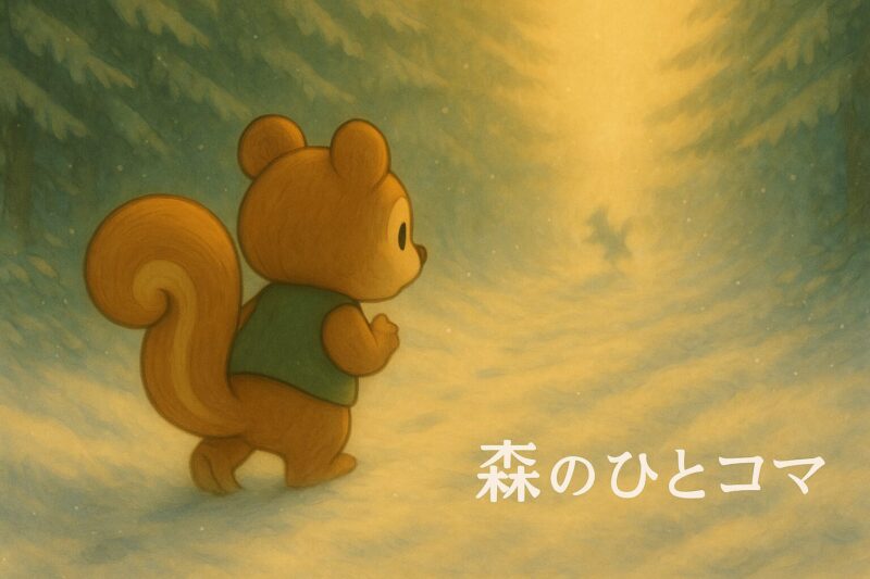 森の小道を歩くリスのレコルと、先に現れる小さな影。絵本のようなやわらかいタッチのアイキャッチ画像。