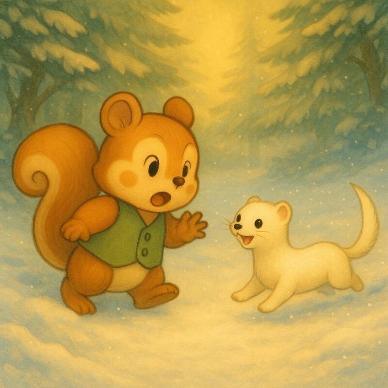 レコルが雪の森で、白いオコジョと出会い驚いた表情をしているシーン。