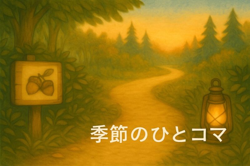 森の小道とランタンが描かれた、森のひとコマ一覧ページ用イラスト