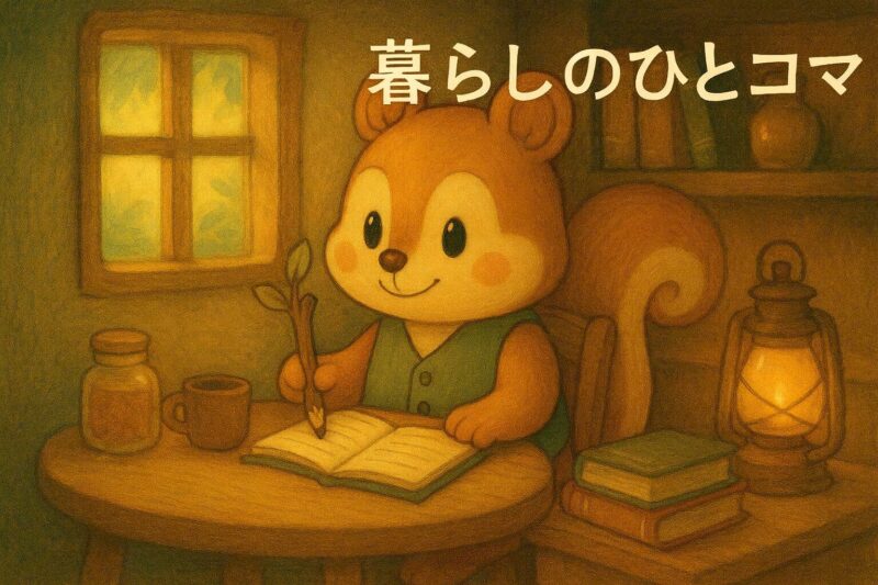 リスのレコルが机で枝のペンを持ち、本に向かって書きものをしている様子。窓から光が差し込み、横にはランタンや本が置かれている温かな部屋の挿絵。