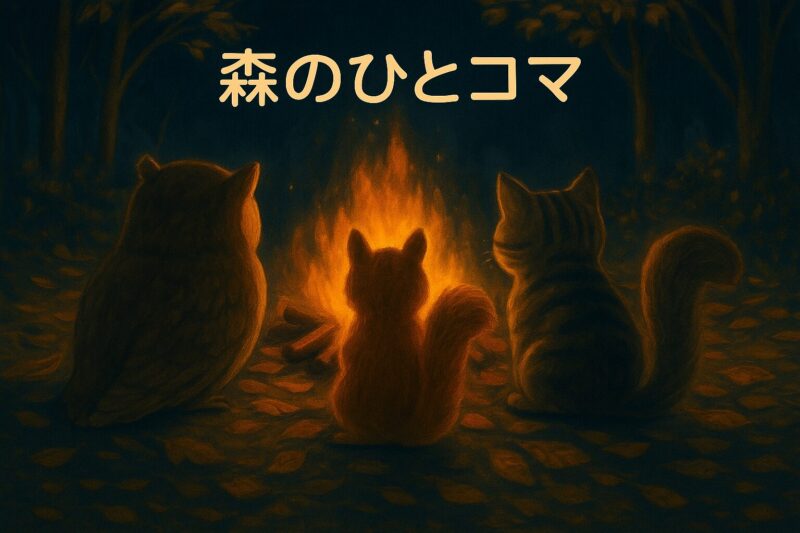 焚き火を囲んで座るフクロウ・リス・ネコの3匹。夜の森の中、焚き火の温かな光が3匹を照らしている。