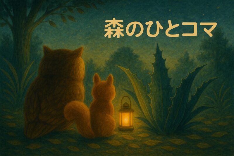 ランタンを灯して並んで座るフクロウとリス。森の奥で「いしゃなかせ」の葉を見つめている。