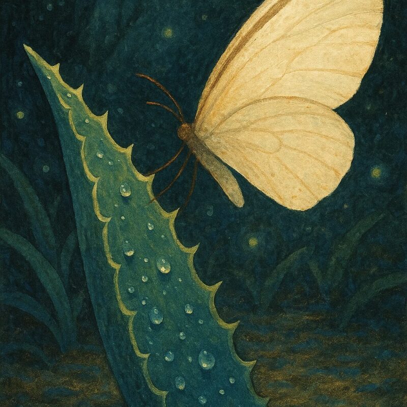 夜露にぬれた多肉の葉にとまる、白い蝶のアップ。