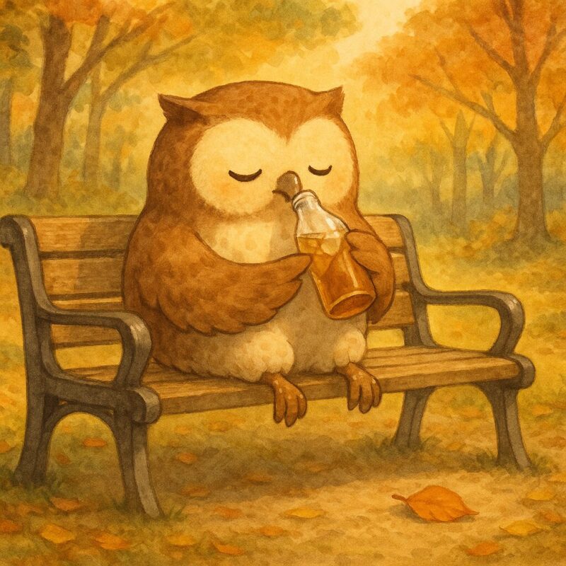 木陰のベンチで麦茶を飲むフクロウのモーリー。秋の気配が漂う森の中のひととき。