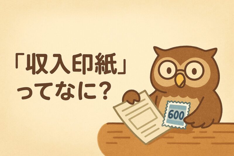 フクロウのモーリーが収入印紙と請求書を片手に収入印紙について説明しているイラスト